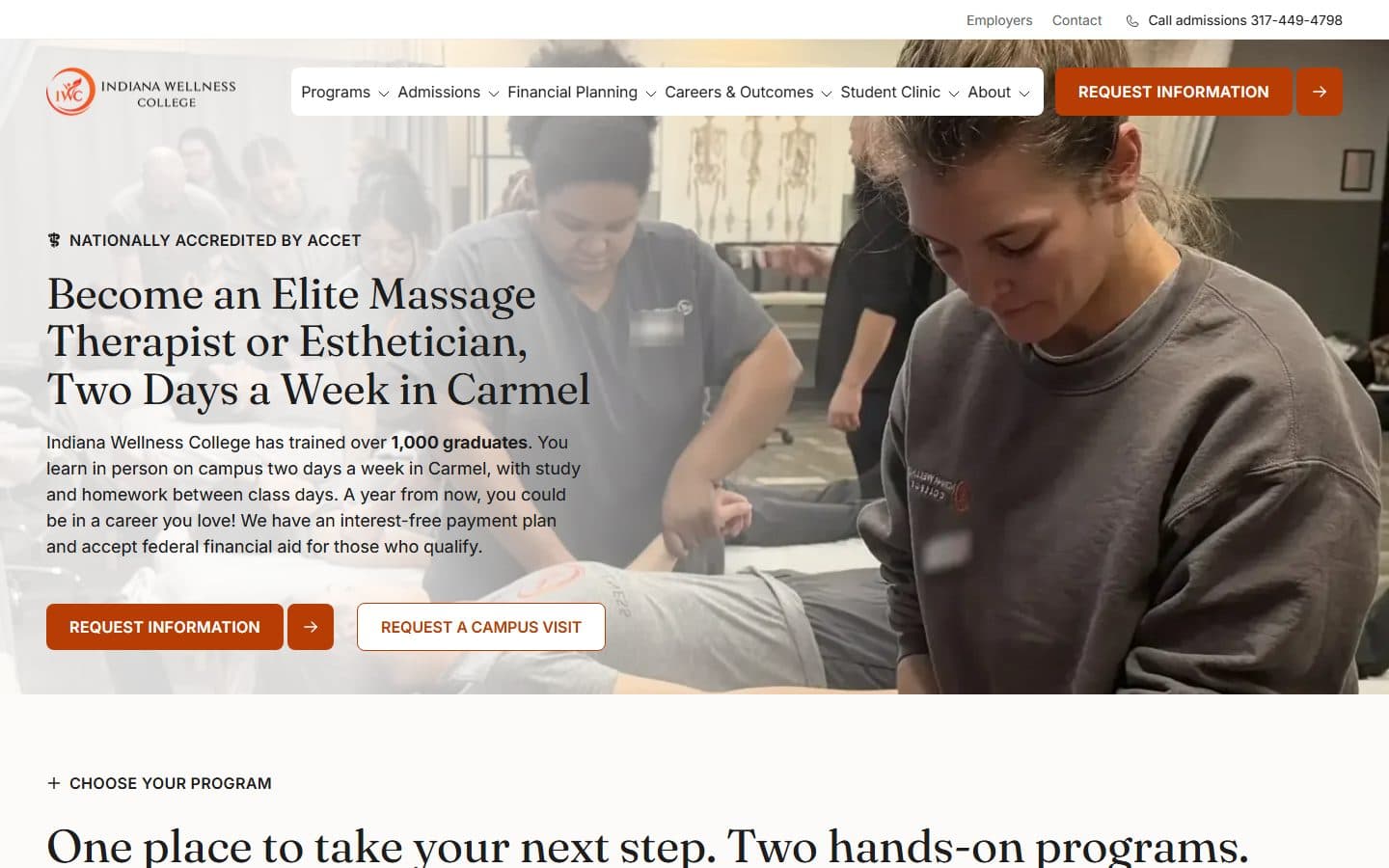 Indiana Wellness College home page on a desktop screen, headline about becoming a massage therapist or esthetician two days a week in Carmel